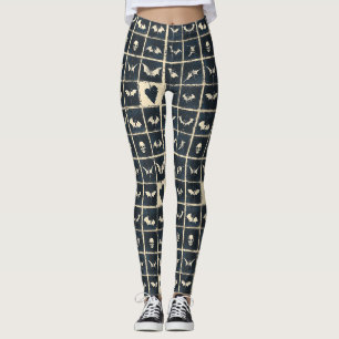 Legging Padrão de Denim de Morcegos e Caveiras Grunge Góti