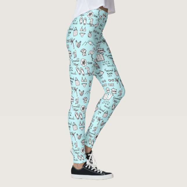 Legging Padrão de Desenhos de Objetos de Verão Azul Claro (Direita)