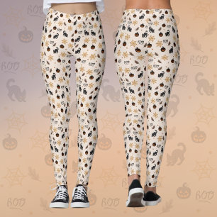 Legging Padrão de Dia das Bruxas de Abóbora de Gato Preto