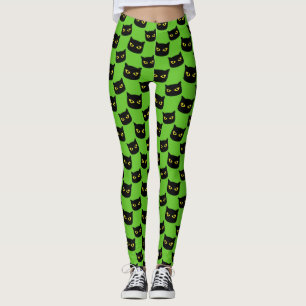 Legging Padrão de Dia das Bruxas de Gatos Pretos e Verdes