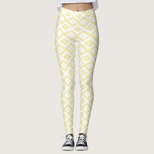 Legging Padrão de diamante amarelo pálido e branco (Frente)