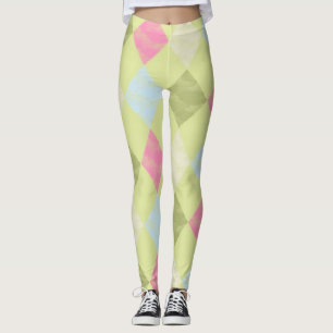 Legging Padrão de Diamante de Argyle Azul e Rosa Verde