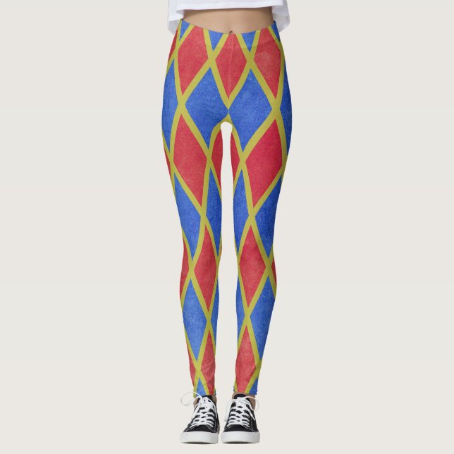 Legging Padrão de diamante de harlequim geométrico vermelh (Frente)