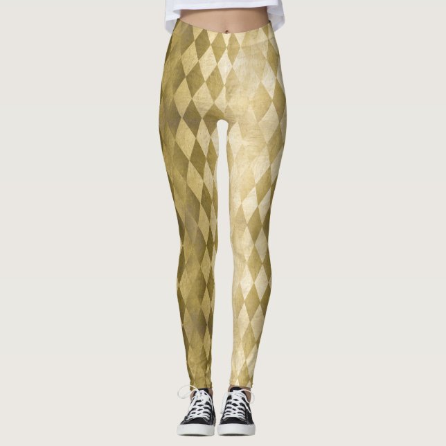 Legging Padrão de Diamante de Harlequin Dourado de Faux Ch (Frente)