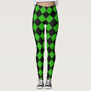 Legging Padrão de Diamante de Harlequin Preto e Verde Ver