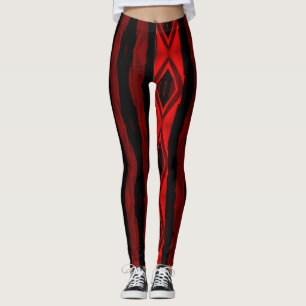 Legging Padrão de Diamante de Stripes Negras e Vermelhas D