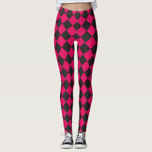 Legging Padrão de Diamante do Verificador Preto Fuchsia