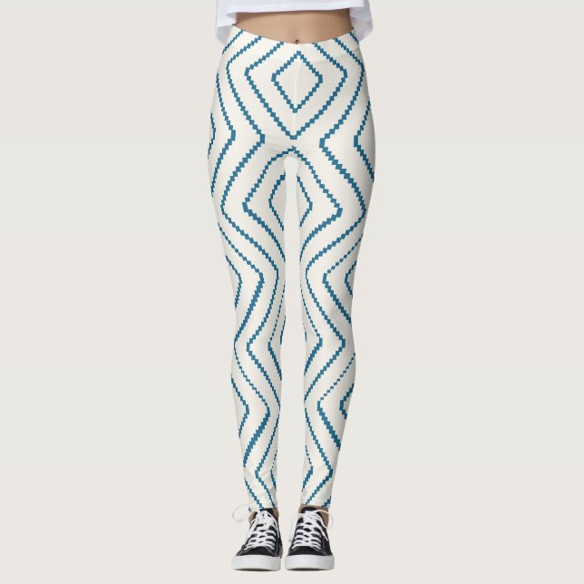 Legging Padrão de Diamante Geométrico Design Azul Náutico (Frente)