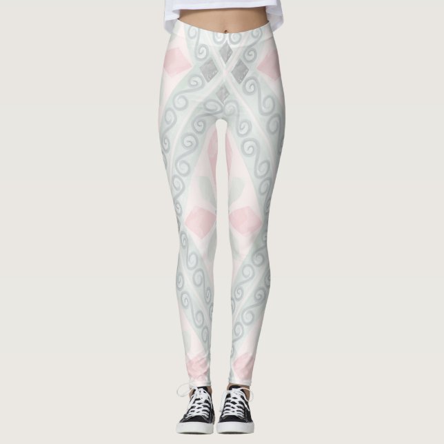 Legging Padrão de diamante pastel verde e rosa (Frente)