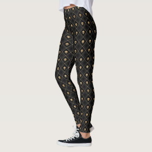 Legging Padrão de Diamante Preto Cinza Caveiras Mini Preta