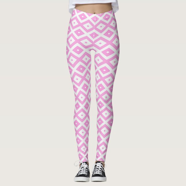 Legging Padrão de diamante rosa e branco (Frente)