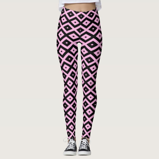 Legging Padrão de diamante rosa pálido e preto (Frente)