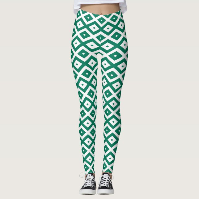 Legging Padrão de diamante verde-florestal e branco (Frente)