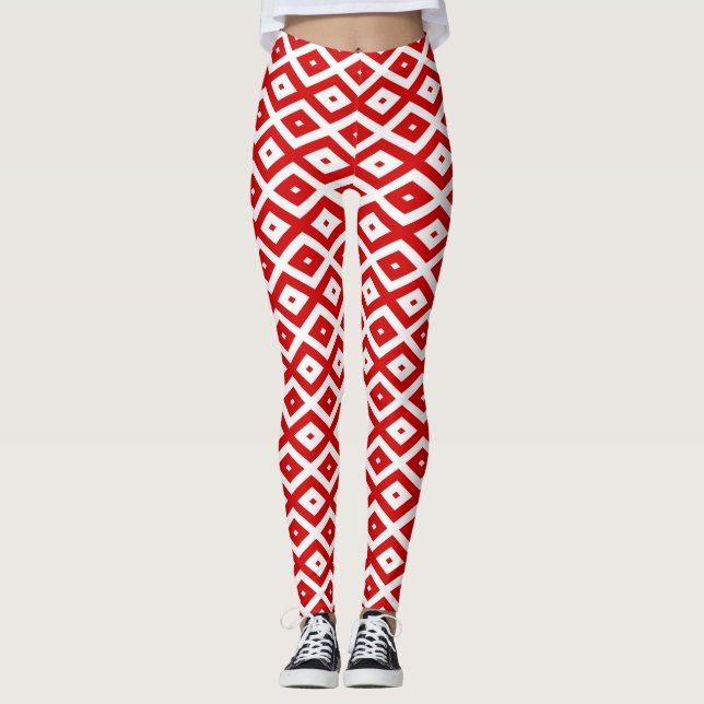 Legging Padrão de diamante vermelho e branco (Frente)