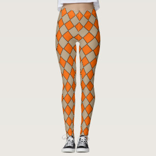 Legging Padrão de Diamante Xadrez Bege Laranja