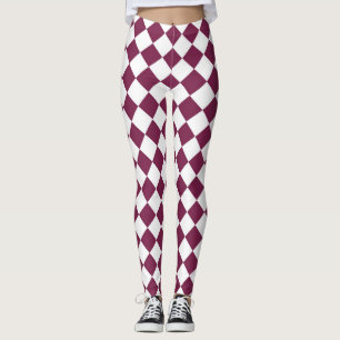 Legging Padrão de Diamante Xadrez Branco Borgonha