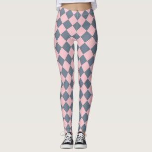 Legging Padrão de Diamante Xadrez Cinza Rosa