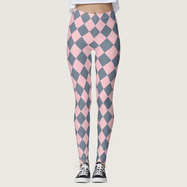 Legging Padrão de Diamante Xadrez Cinza Rosa  (Frente)
