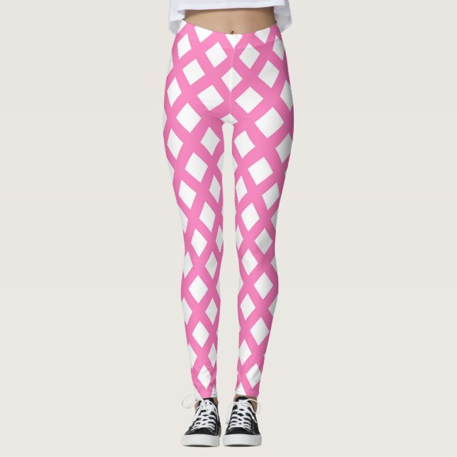 Legging Padrão de Diamante Xadrez Rosa e Branco (Frente)