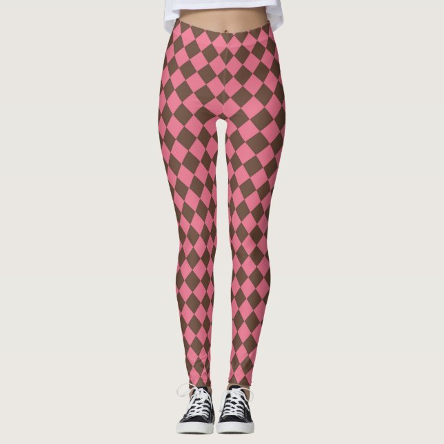 Legging Padrão de Diamante Xadrez Rosa Marrom (Frente)