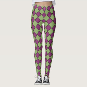 Legging Padrão de Diamante Xadrez Verde Roxo