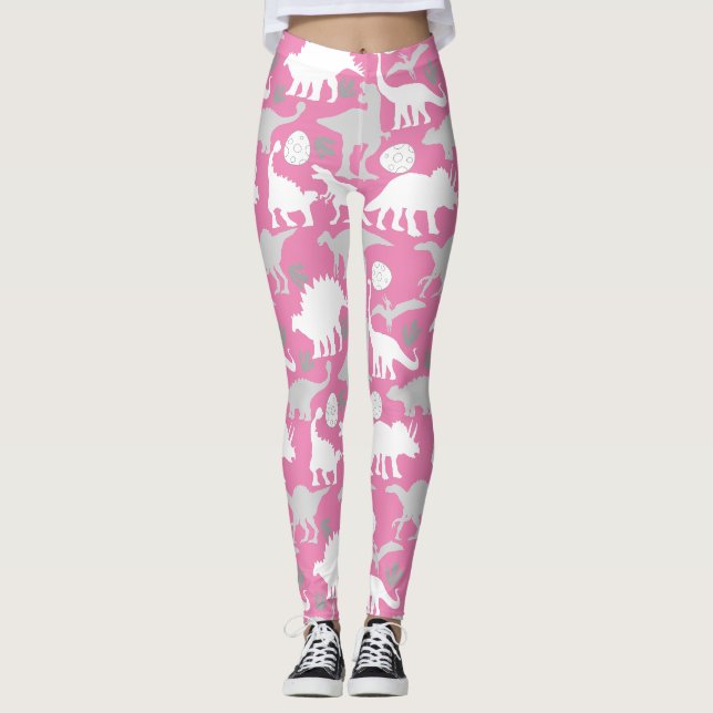 Legging Padrão de Dino Cinza L Fundo Rosa (Frente)