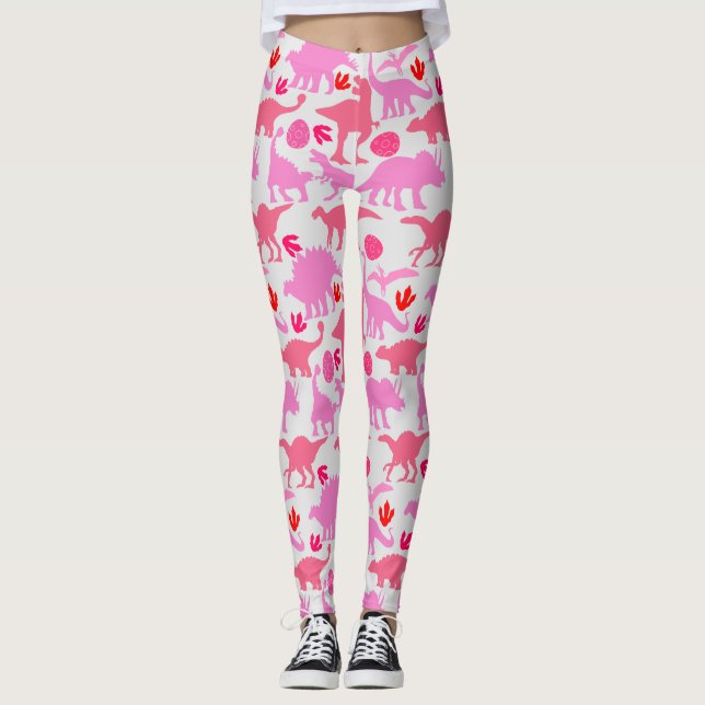 Legging Padrão de Dino Rosa L Fundo Cinza (Frente)