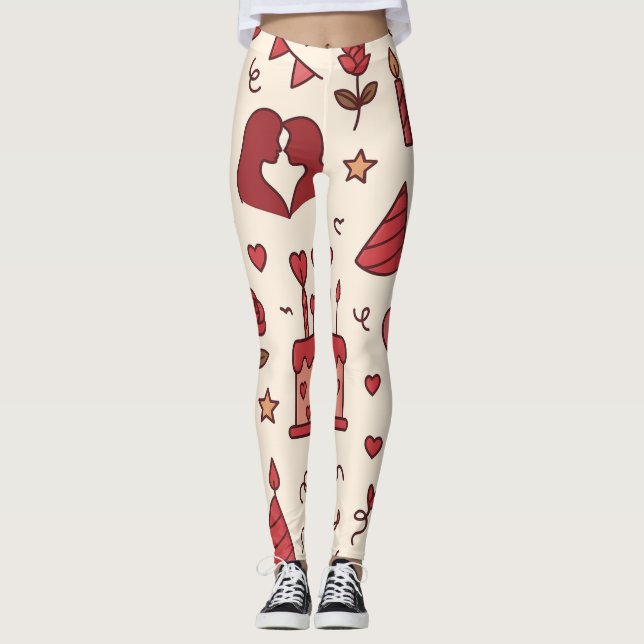 Legging Padrão de Doodle de Celebração Romântica (Frente)