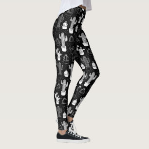 Legging Padrão de Doodle do Cactus Preto e Branco