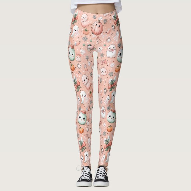 Legging Padrão de Doodle do Halloween com Fantasmas e Pump (Frente)