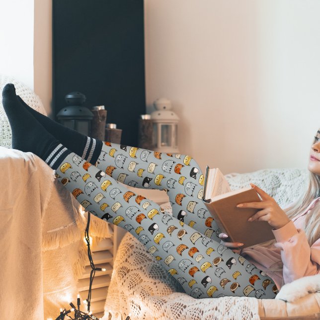 Legging Padrão de Doodle do Rosto de Gato (Cat Face Pattern Leggings (choose your own background colour))