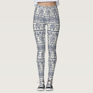 Legging Padrão de Elefante Étnico Azul