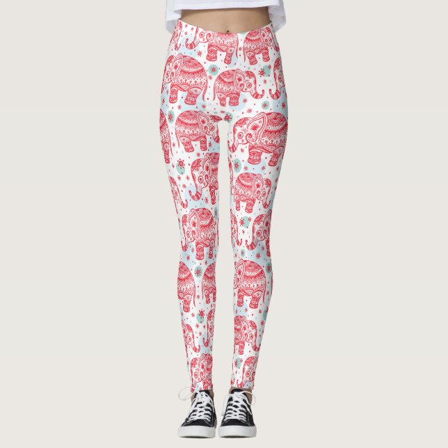 Legging Padrão de Elefante Étnico Vermelho (Frente)