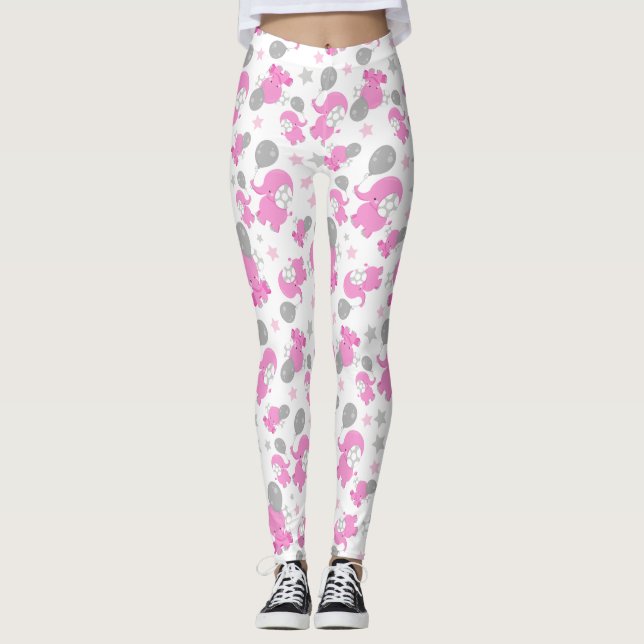 Legging Padrão De Elefantes Rosa, Elefantes Cutes, Estrela (Frente)