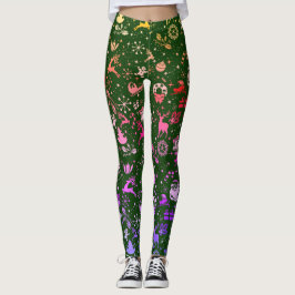 Legging Padrão de Elemento de Natal Arco-íris Verde