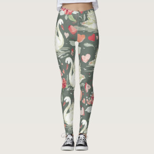 Legging Padrão de Elementos Cisnes e Corações Rústicos Ele