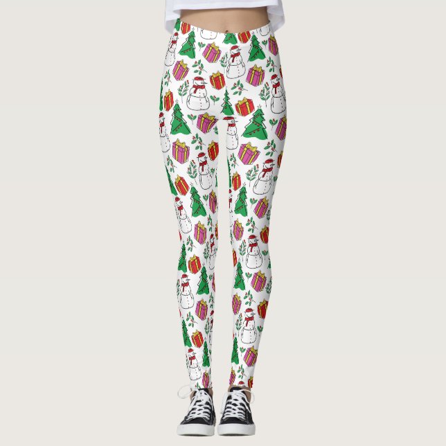 Legging Padrão de Elementos de Natal Desenhados à Mão (Frente)