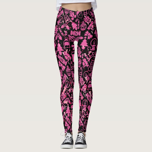 Legging Padrão de enfeites de natal.rosa.07 Preto BG (Frente)