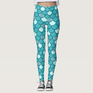 Legging Padrão de Escala de Sereia Turquesa com Glitter