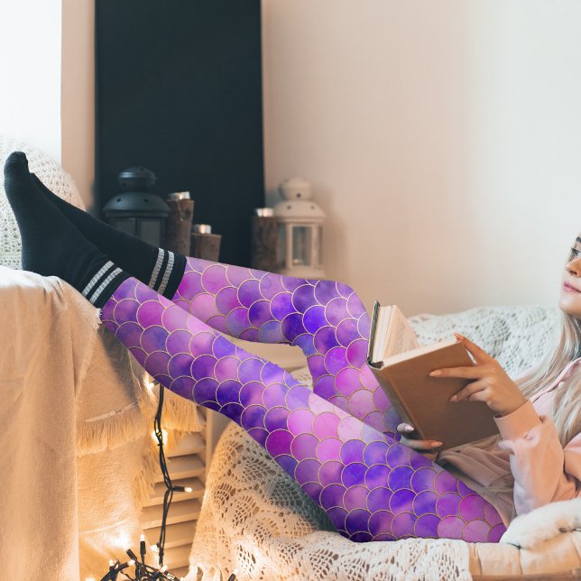 Legging Padrão de Escala de Sereia Ultra Violet e Dourada (Violet Purple Pearlescent Mermaid Scale Pattern Leggings)