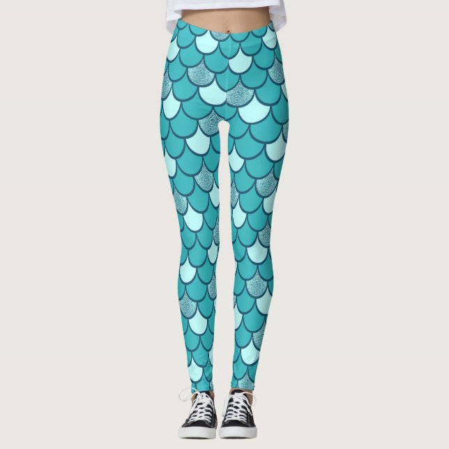 Legging Padrão de Escama de Sereia Turquesa com Brilho (Frente)