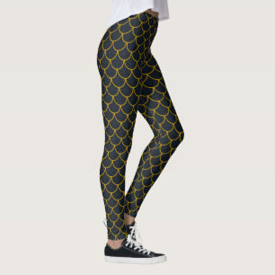 Legging Padrão de Escama Escalonada Preto e Dourado