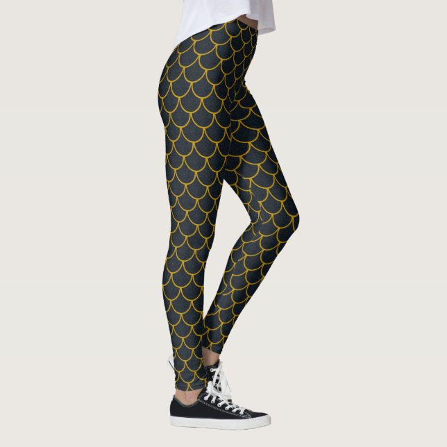 Legging Padrão de Escama Escalonada Preto e Dourado (Direita)