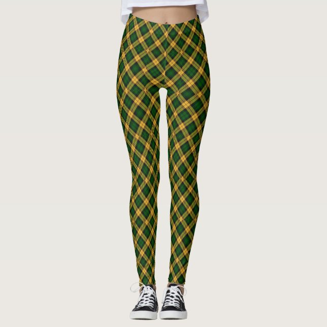 Legging Padrão de Estilo de Xadrez Amarelo Verde de Tartan (Frente)