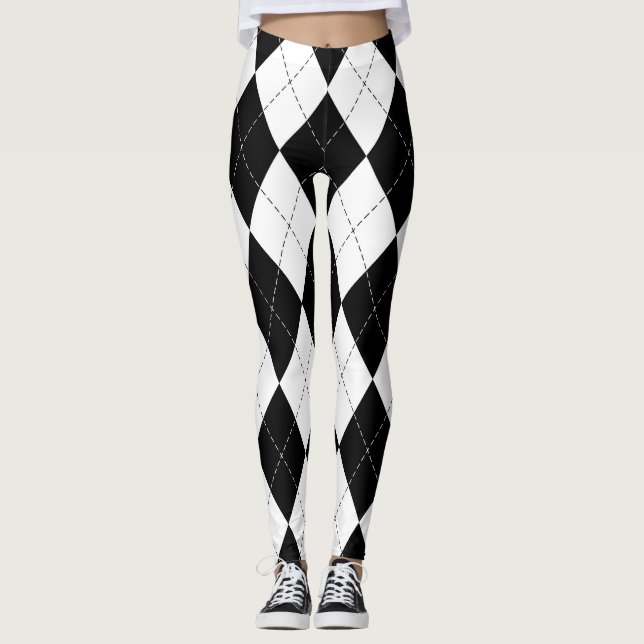 Legging Padrão de Estilo Geométrico Branco Preto (Frente)