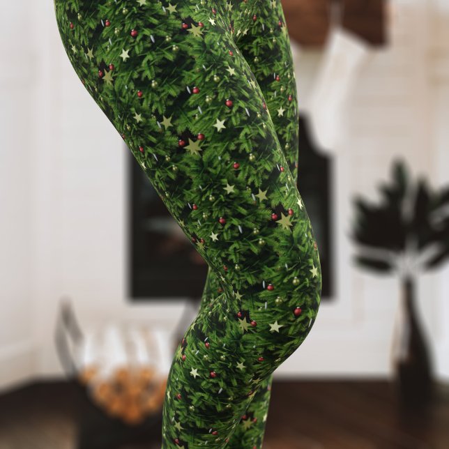 Legging Padrão de Estrela Dourada da Árvore de Natal Verde (Oh Christmas tree leggings - how I love thee! A fun and festive pair just for you)