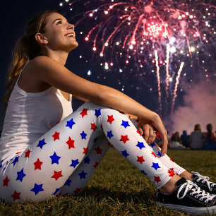 Legging Padrão de Estrela Vermelha e Azul Patriótica em Br