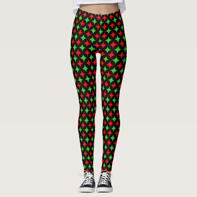 Legging Padrão de estrelas de diamante verde e vermelho em (Frente)