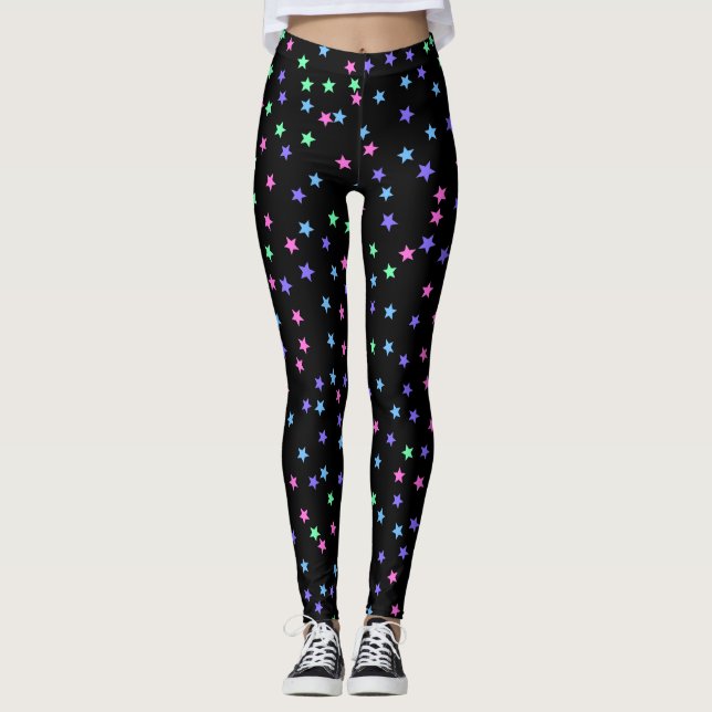 Legging Padrão de estrelas roxas cor-de-rosa azul verde (Frente)