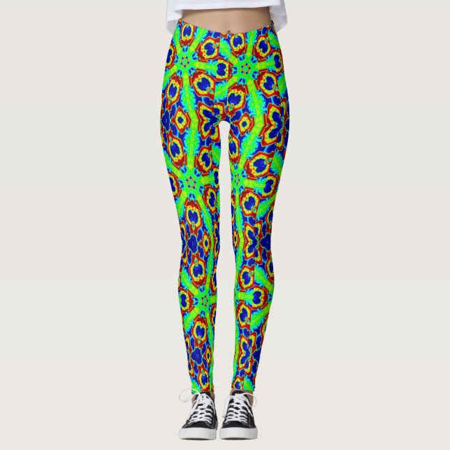 Legging padrão de estrelas verdes de neon zany (Frente)